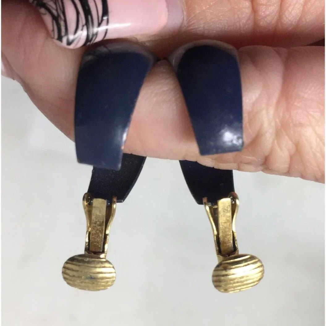 Women's Vintage Chunky Navy Blue and Gold tone Hoop Clip On Earrings - A+ Stuff - earrings - A+ Stuff