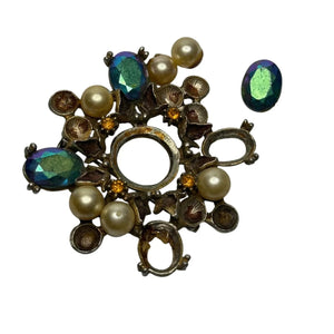 Women's Vintage Gold Tone Brooch Pin with Gems and Faux Pearls