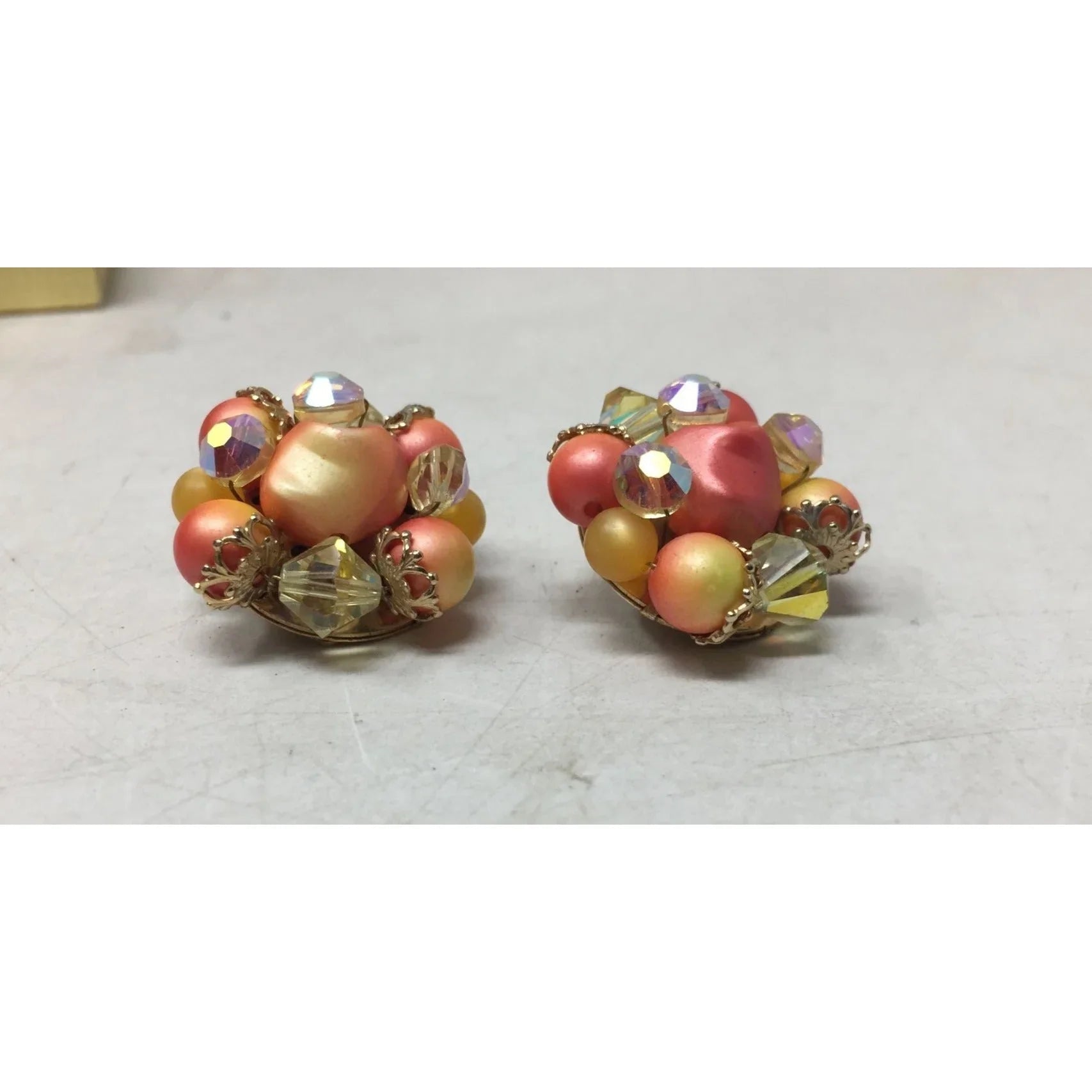 Women's Vintage Orange, Clear, and Gold Tone Cluster Beaded Clip On earrings - A+ Stuff - Earrings - A+ Stuff