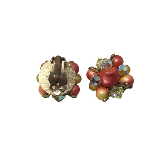 Women's Vintage Orange, Clear, and Gold Tone Cluster Beaded Clip On earrings - A+ Stuff - Earrings - A+ Stuff