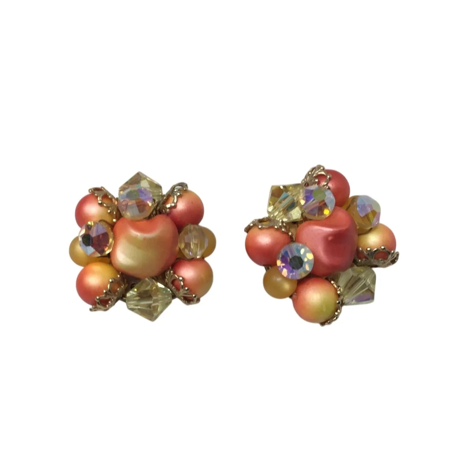 Women's Vintage Orange, Clear, and Gold Tone Cluster Beaded Clip On earrings - A+ Stuff - Earrings - A+ Stuff