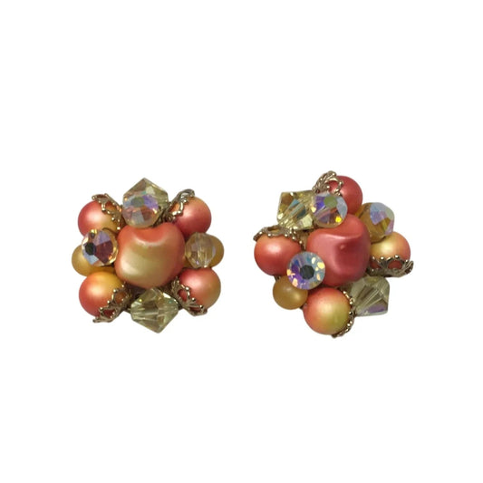 Women's Vintage Orange, Clear, and Gold Tone Cluster Beaded Clip On earrings - A+ Stuff - Earrings - A+ Stuff