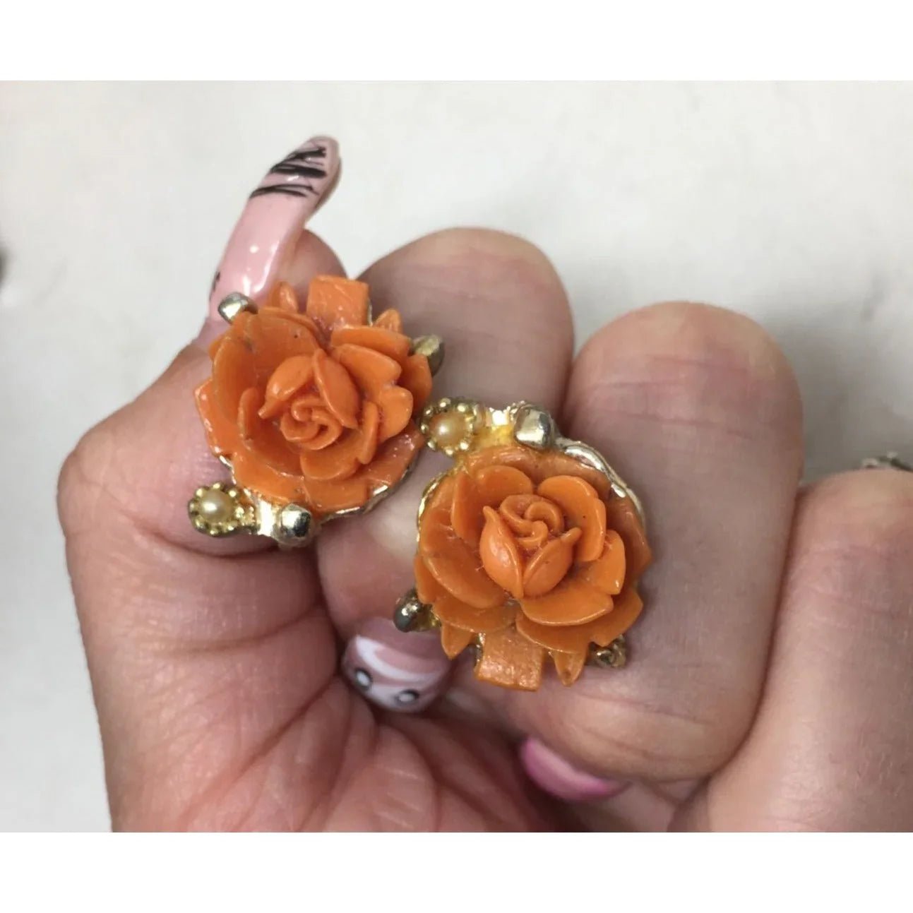 Women's Vintage Rose Flower Orange and Gold Tone Screw Back Earrings - A+ Stuff - Earrings - A+ Stuff