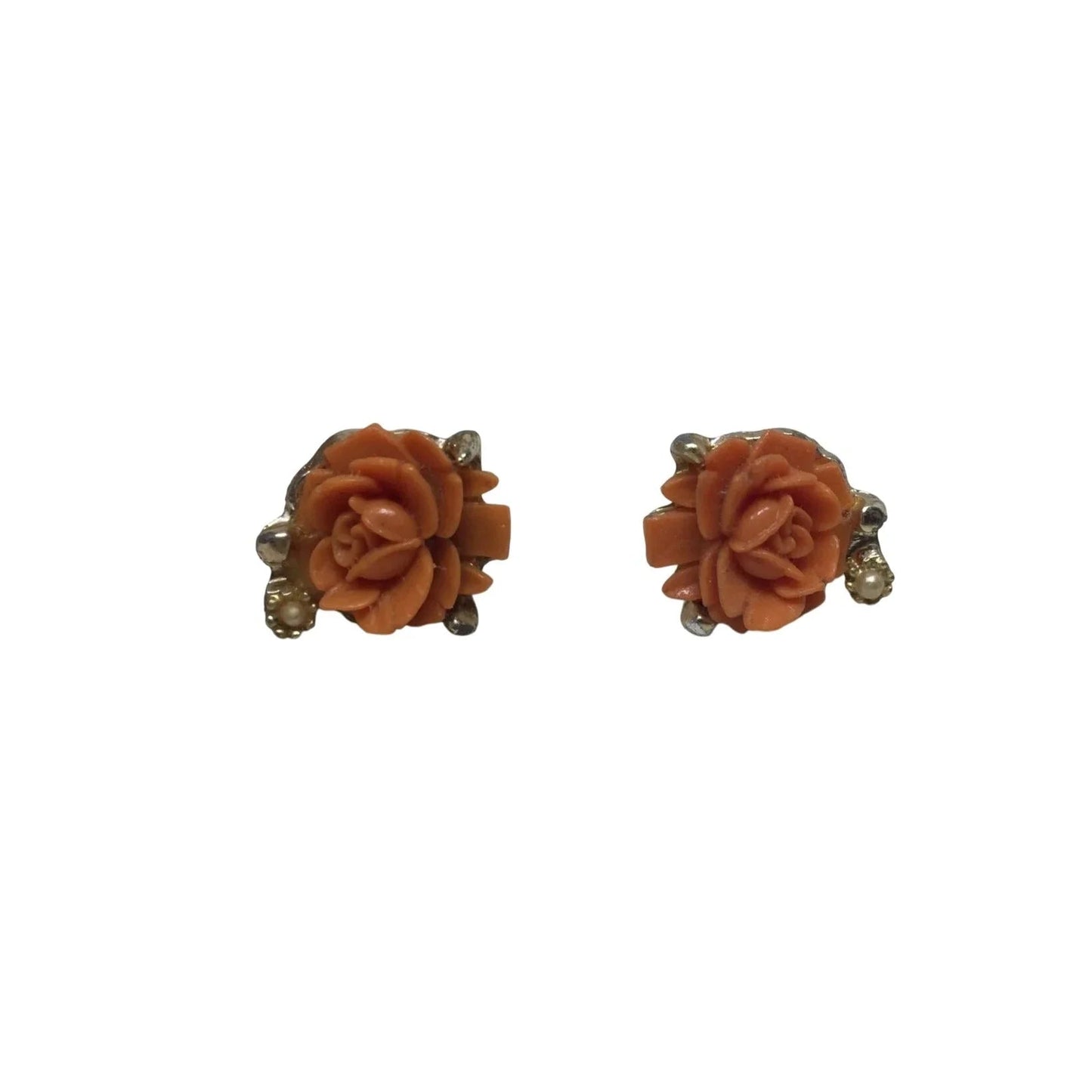 Women's Vintage Rose Flower Orange and Gold Tone Screw Back Earrings - A+ Stuff - Earrings - A+ Stuff