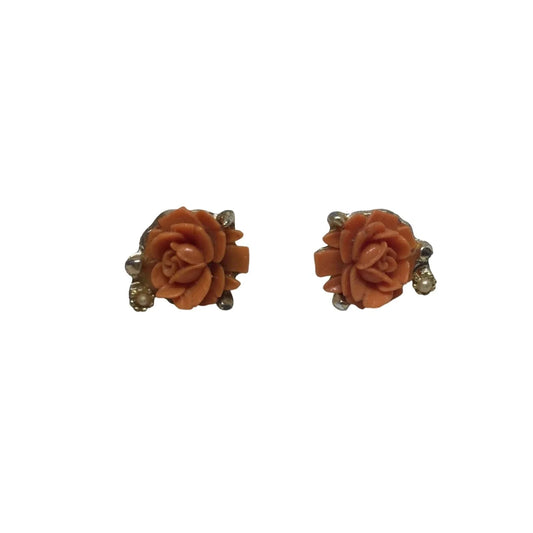 Women's Vintage Rose Flower Orange and Gold Tone Screw Back Earrings - A+ Stuff - Earrings - A+ Stuff