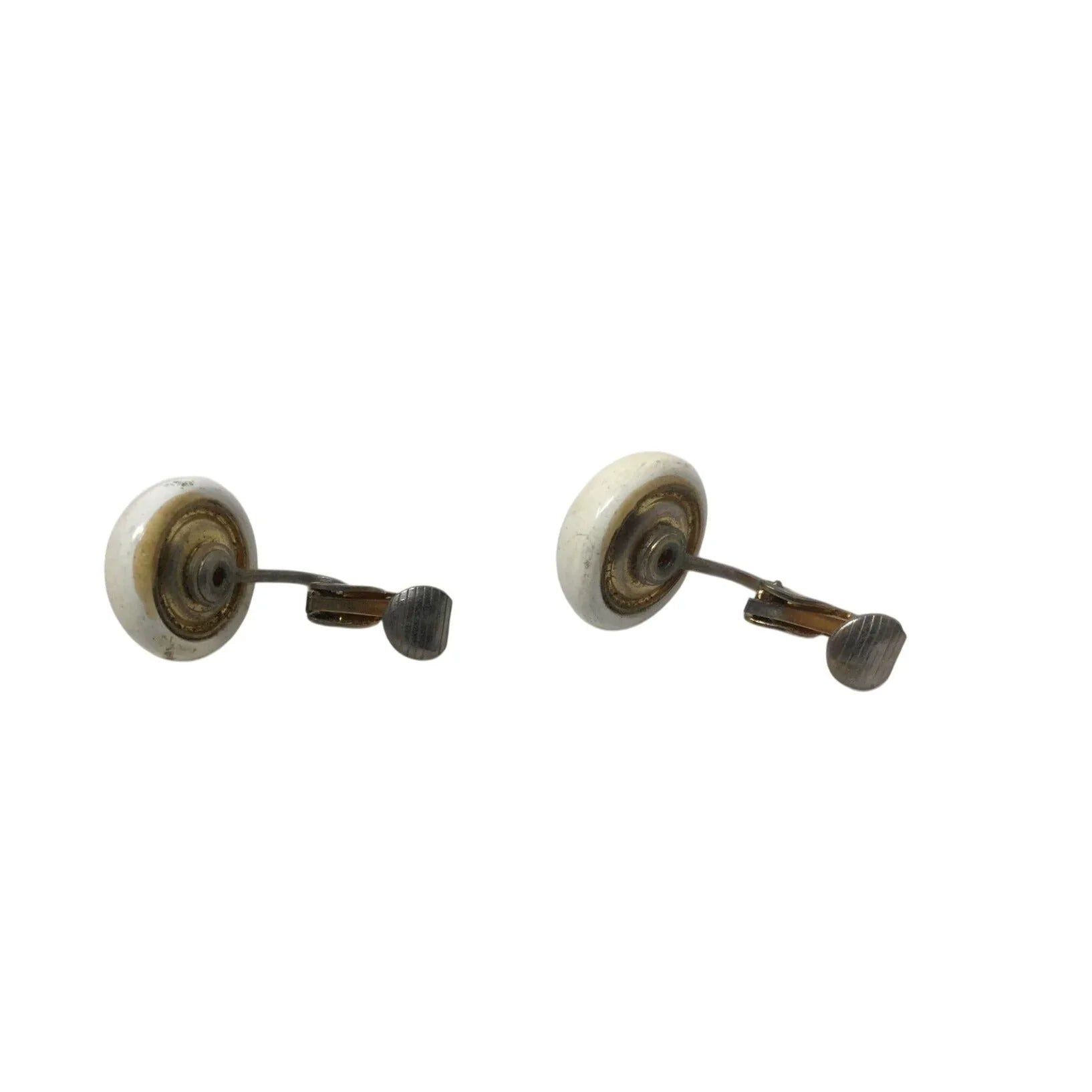 Women's Vintage Round Plastic White and Gold Tone clip on Earrings - A+ Stuff - Earrings - A+ Stuff
