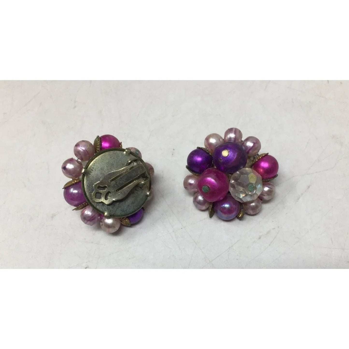 Women's Vintage Round Purple, Pink and Gold Tone Beaded Cluster clip on Earrings - A+ Stuff - Earrings - A+ Stuff