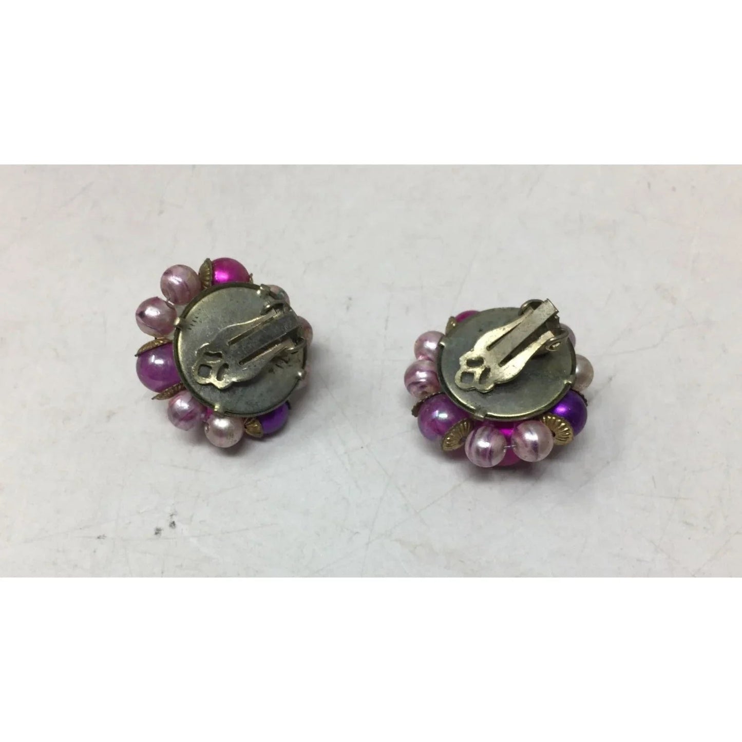 Women's Vintage Round Purple, Pink and Gold Tone Beaded Cluster clip on Earrings - A+ Stuff - Earrings - A+ Stuff