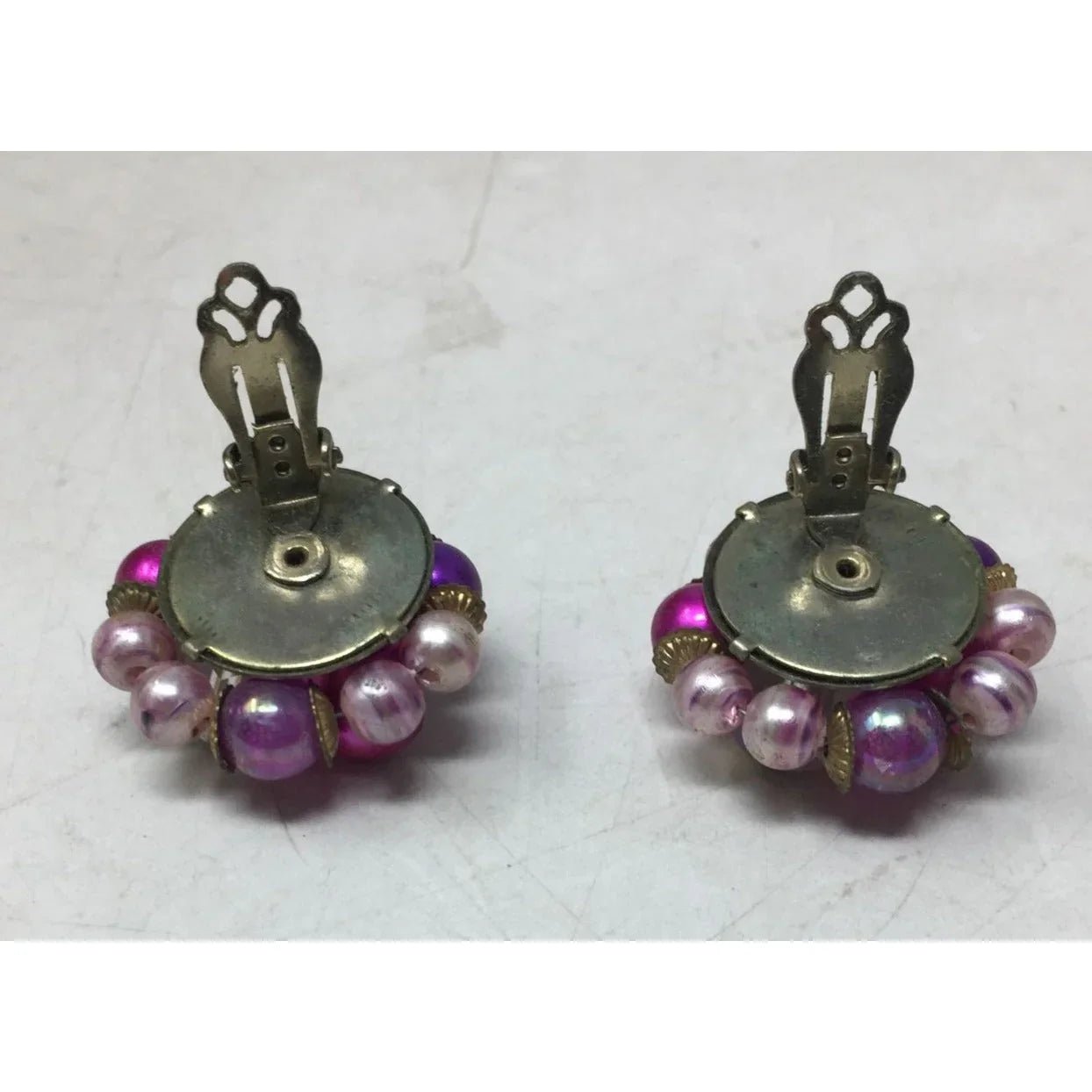 Women's Vintage Round Purple, Pink and Gold Tone Beaded Cluster clip on Earrings - A+ Stuff - Earrings - A+ Stuff