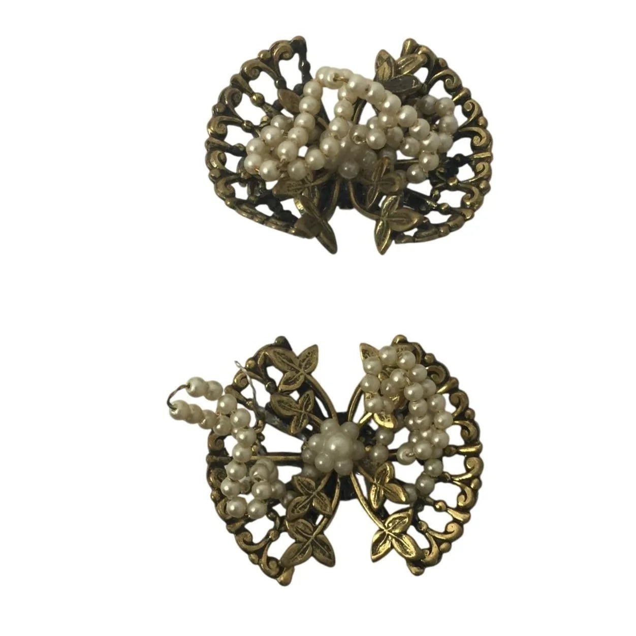Women's Vintage White Beaded Gold Tone Pins with Floral Leafy Pattern - A+ Stuff - pin - A+ Stuff