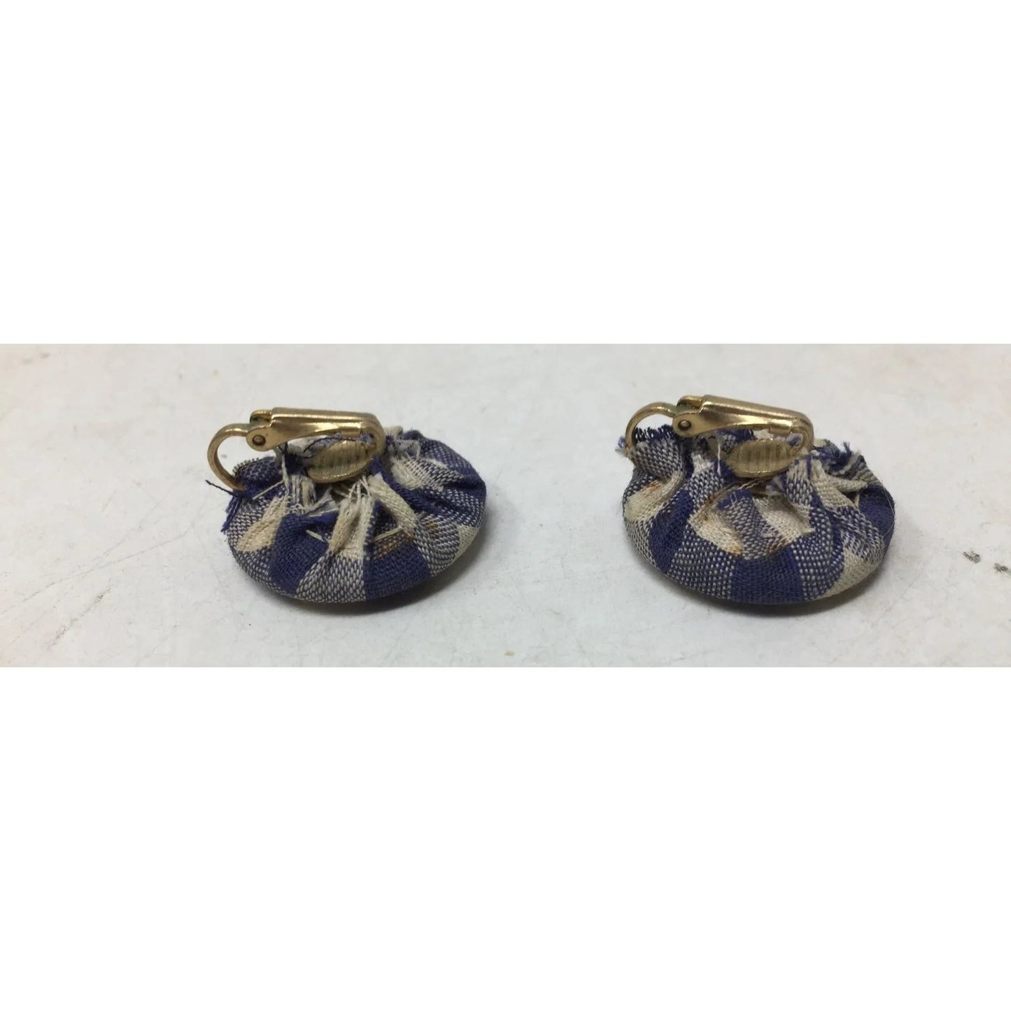 Women's White and Blue Gingham Gold Tone Clip On Earrings - A+ Stuff - Earrings - A+ Stuff