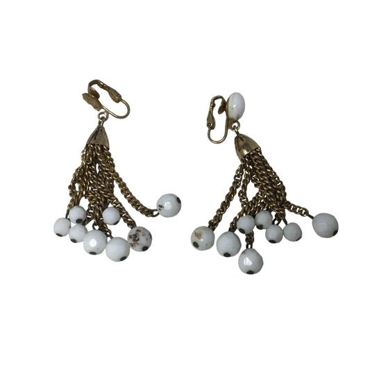 Women's White and Gold Tone Clip On Dangle Drop Earrings - A+ Stuff - Earrings - A+ Stuff