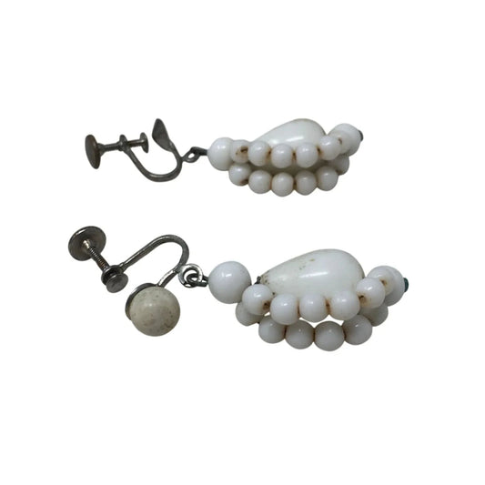Women's White and Silver tone Beaded Dangle Drop Screw Back Earrings - A+ Stuff - Earrings - A+ Stuff