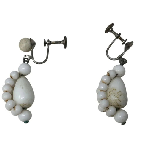 Women's White and Silver tone Beaded Dangle Drop Screw Back Earrings - A+ Stuff - Earrings - A+ Stuff