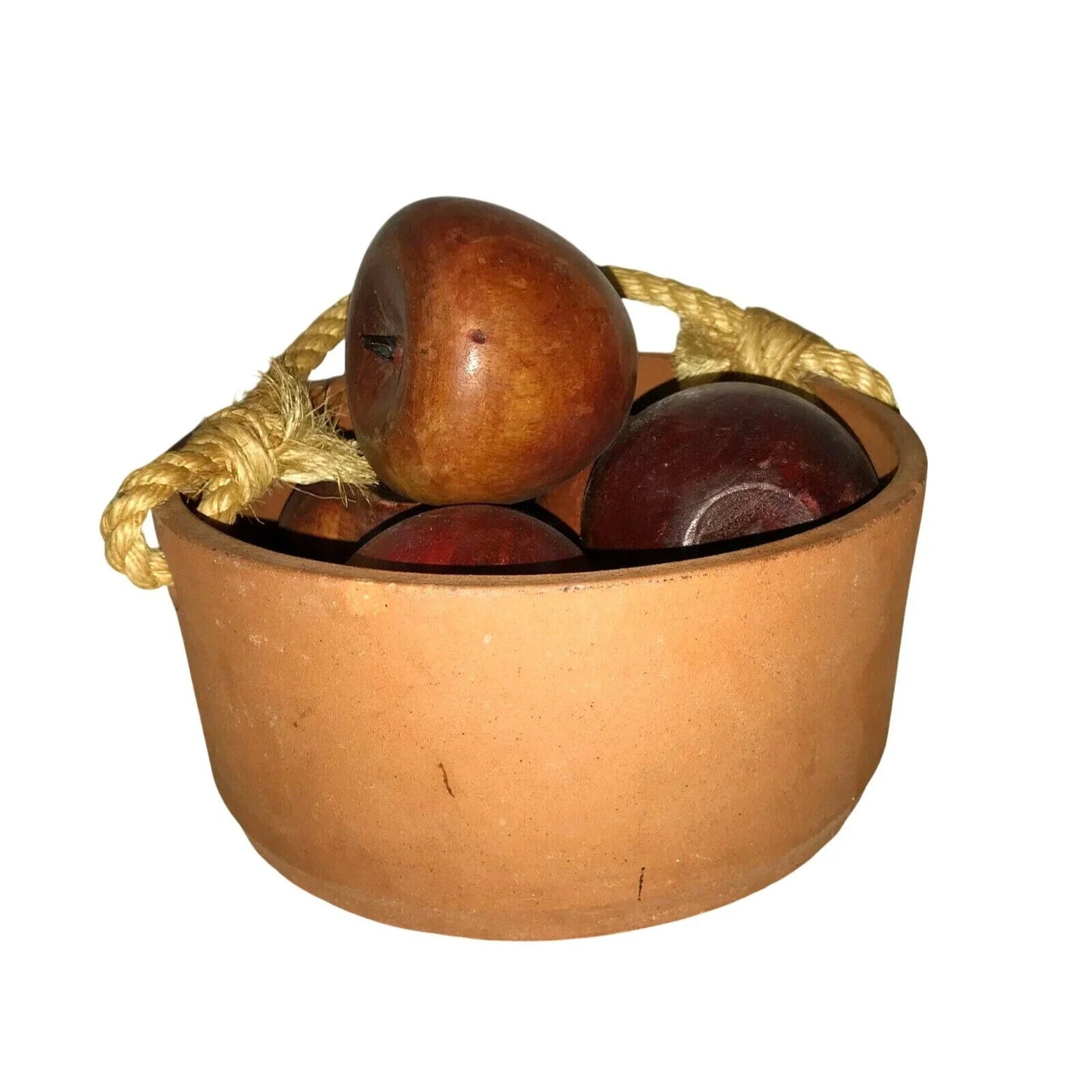 Wooden Apples in Terra Cotta Basket Table Decor - Hand Carved. 6 Apples in All - 1 Eaten - Unbranded - Home Decor - A+ Stuff