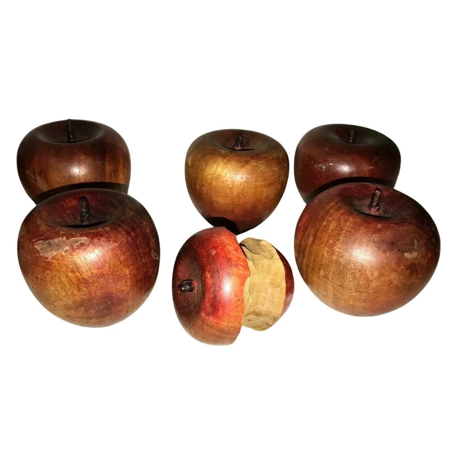 Wooden Apples in Terra Cotta Basket Table Decor - Hand Carved. 6 Apples in All - 1 Eaten - Unbranded - Home Decor - A+ Stuff