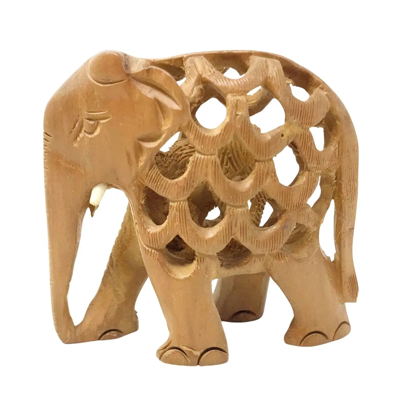 Wooden Hand Carved Elephant - with Baby in Lattice Work Stomach - Unbranded - A+ Stuff