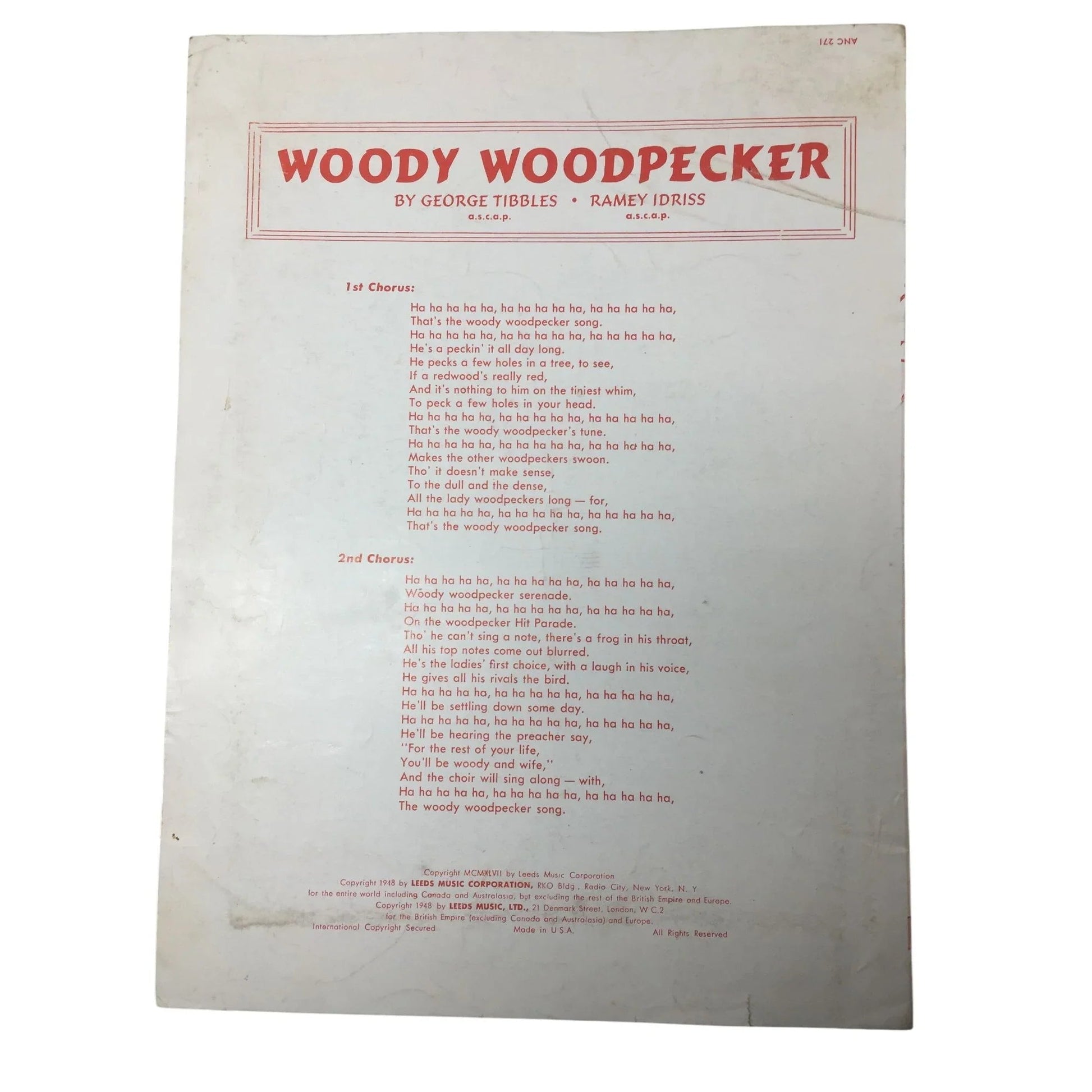 ''WOODY WOODPECKER'' BY KAY KYSER, GEORGE TIBBLES, RAMSEY IDRISS - Leeds music corporation - sheet music - A+ Stuff