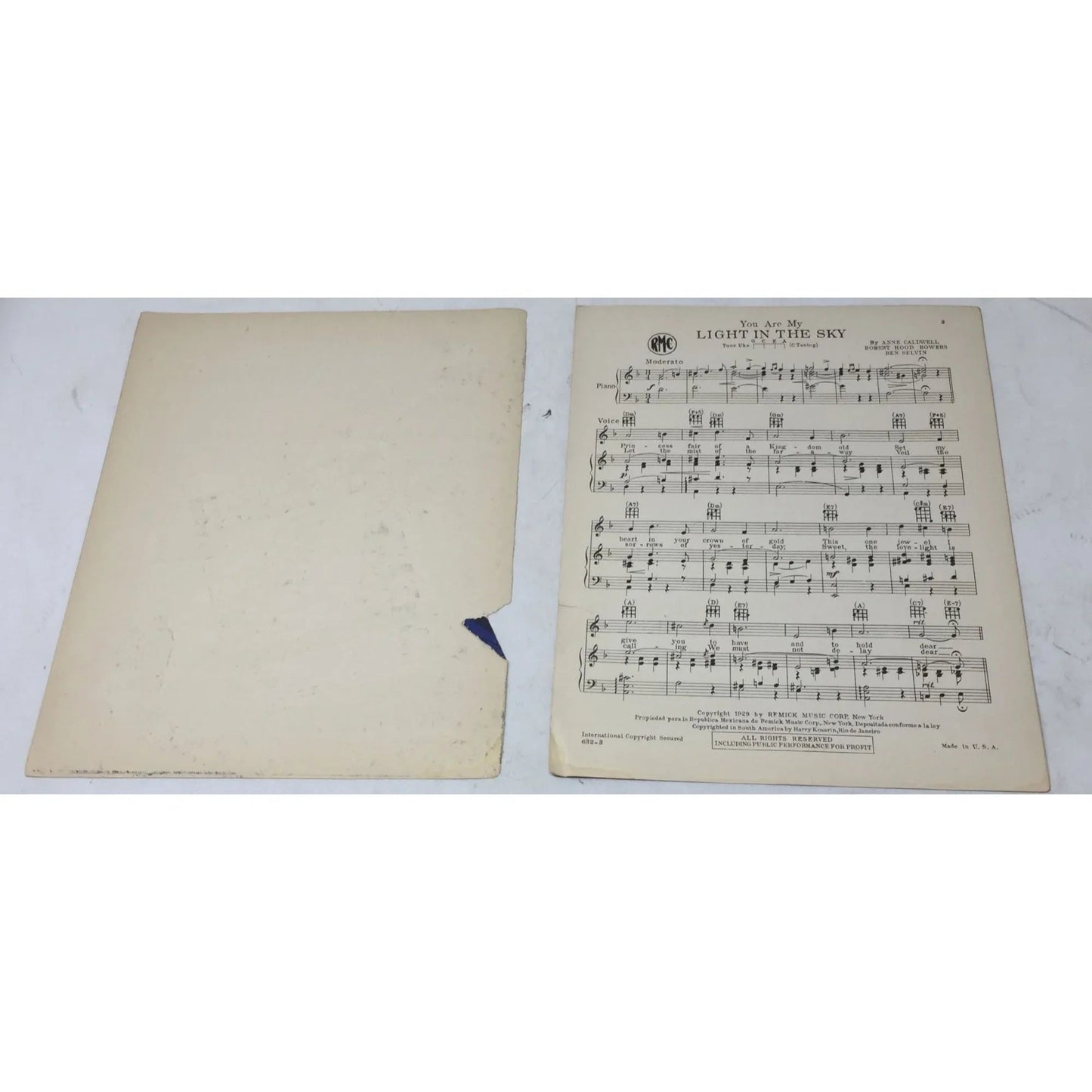 ''You are my light in the sky'' 1929 Sheet Music - Remick music corporation - SHEET MUSIC - A+ Stuff
