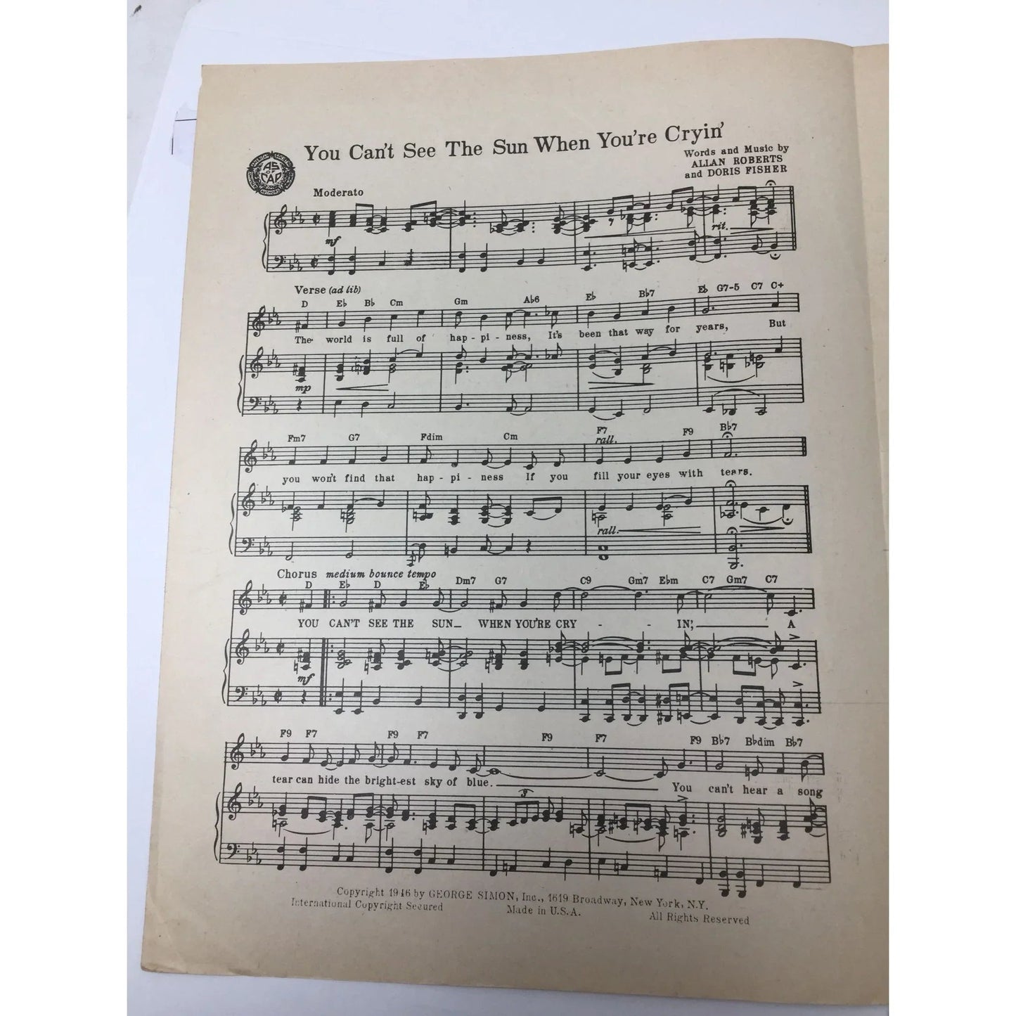 ''You Can't See The Sun When You're Cryin''' by Allan Robert and Doris Fisher - A+ Stuff - SHEET MUSIC - A+ Stuff