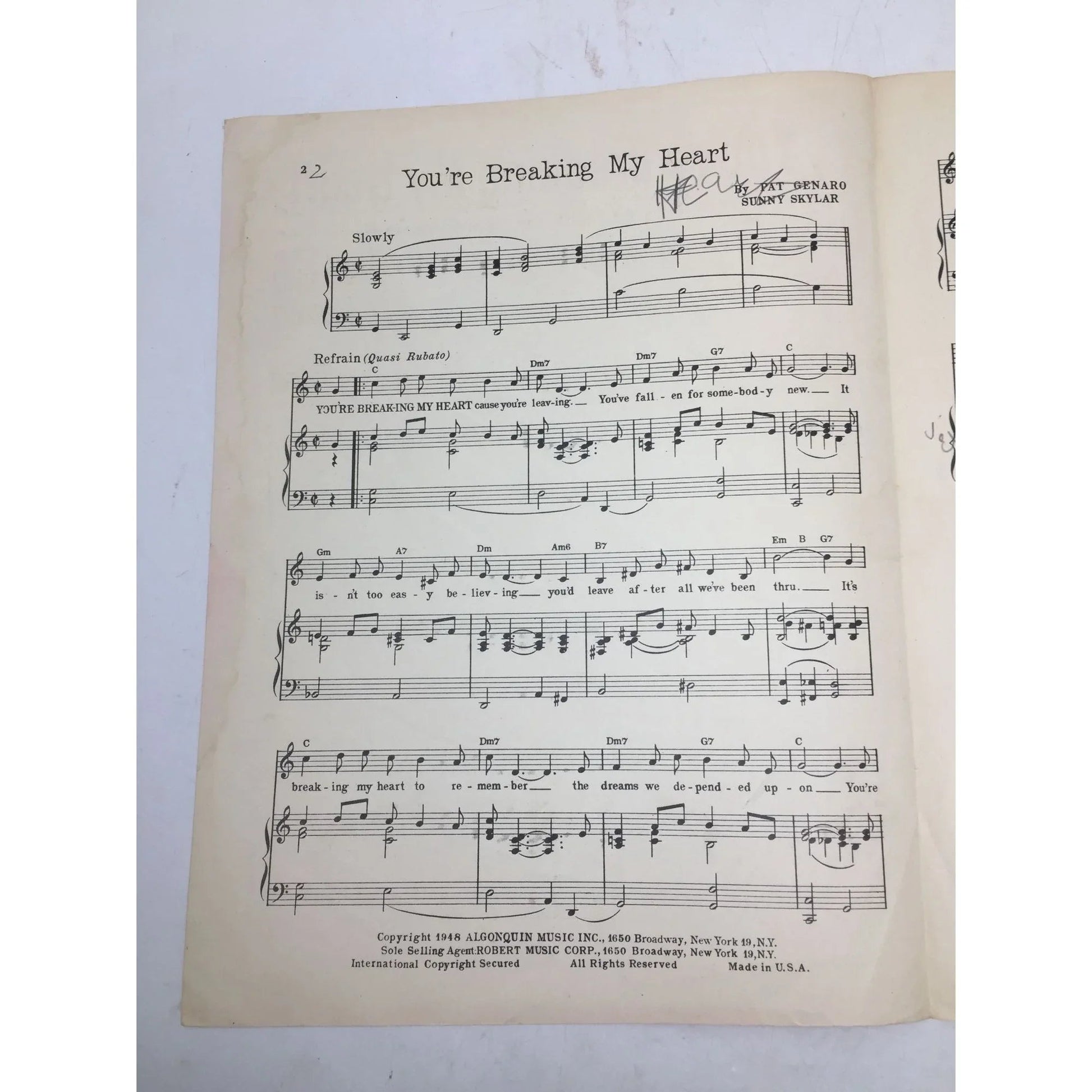 ''You're Breaking My Heart'' by Pat Genaro and Sunny Skylar - A+ Stuff - sheet music - A+ Stuff