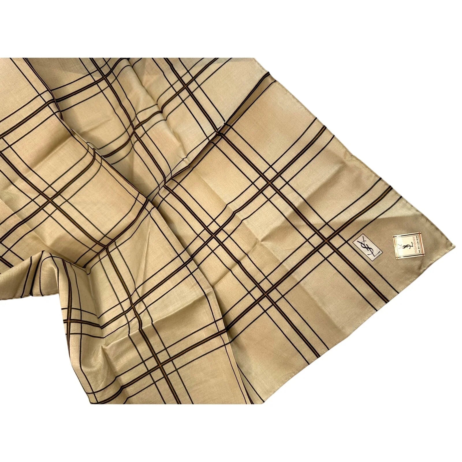 YSL Yves Saint Laurent Pocket Square Handkerchief / Scarf - Beige Plaid - YSL, Yves Saint Laurent - Handkerchief - A+ Stuff