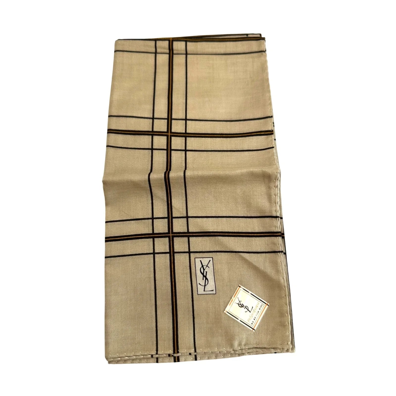 YSL Yves Saint Laurent Pocket Square Handkerchief / Scarf - Beige Plaid - YSL, Yves Saint Laurent - Handkerchief - A+ Stuff