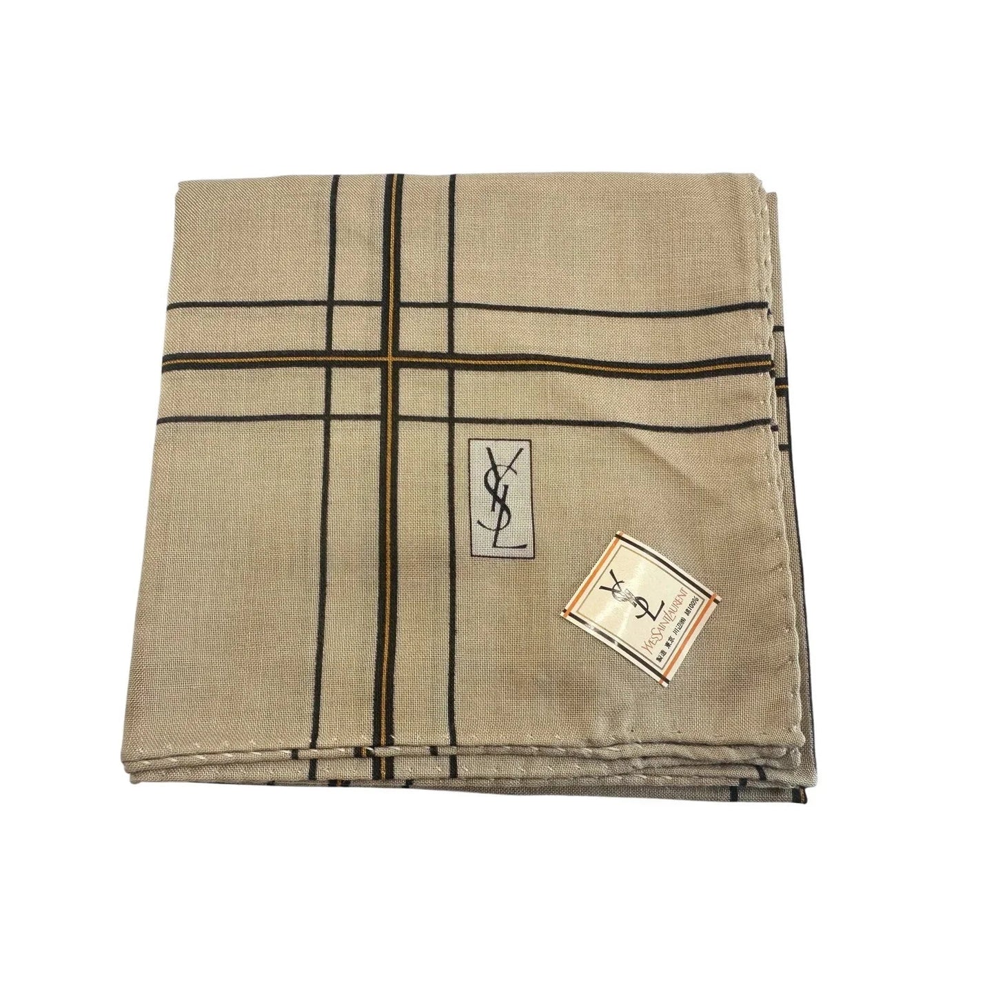 YSL Yves Saint Laurent Pocket Square Handkerchief / Scarf - Beige Plaid - YSL, Yves Saint Laurent - Handkerchief - A+ Stuff