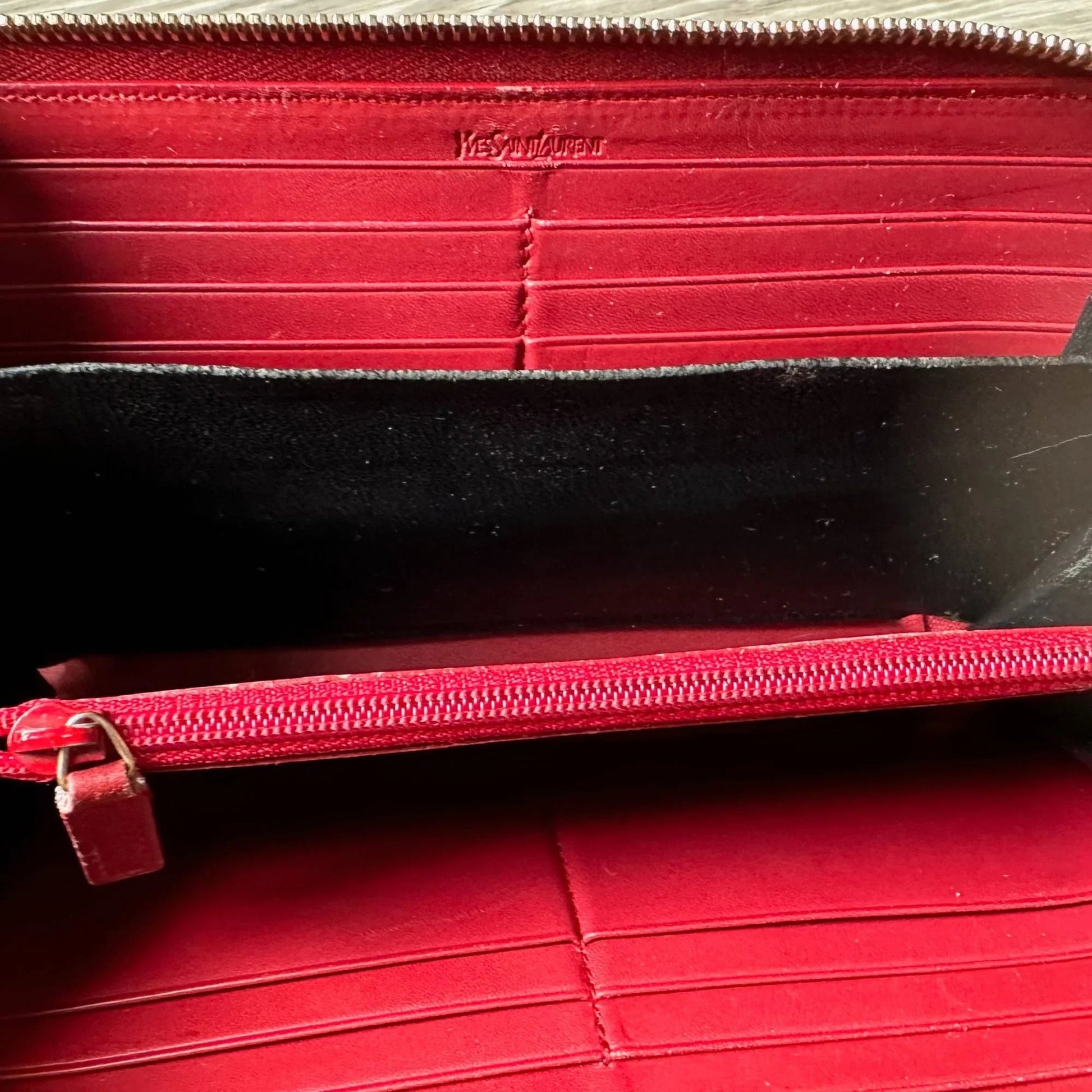 YSL Yves Saint Laurent Red Patent Leather Zippy Wallet - A+ Stuff
