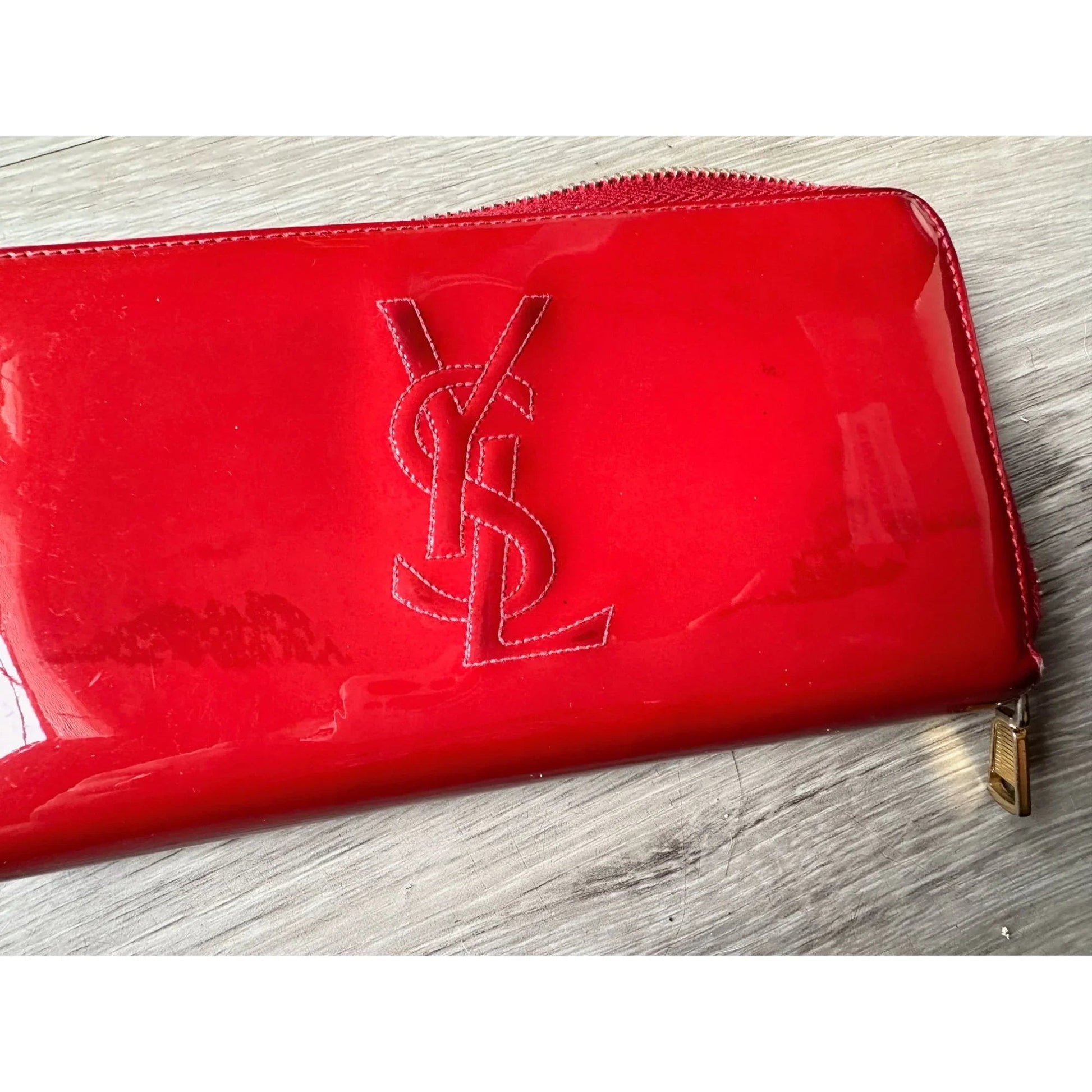 YSL Yves Saint Laurent Red Patent Leather Zippy Wallet - A+ Stuff