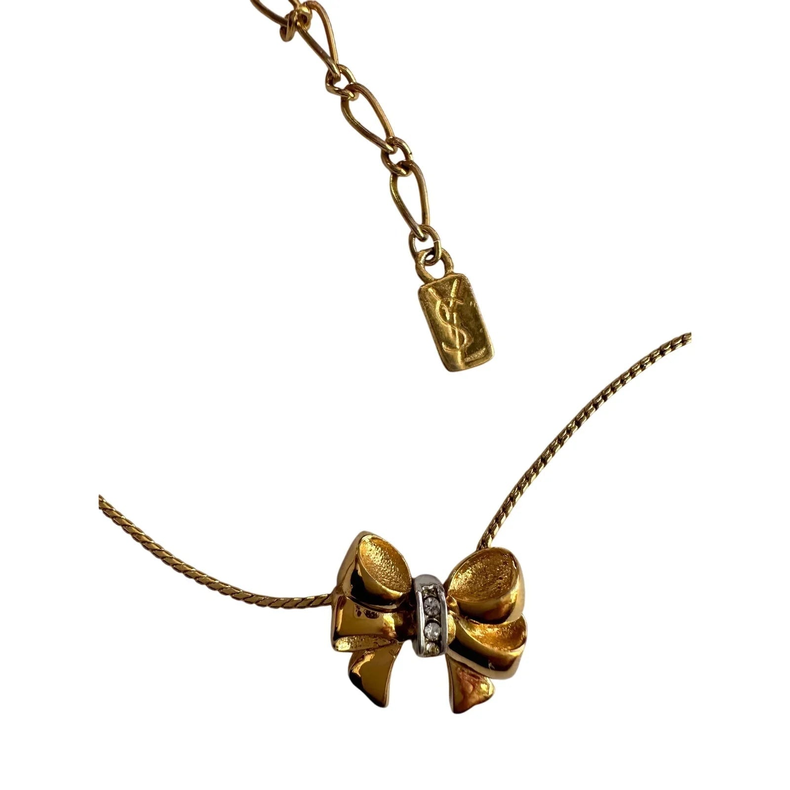 Yves Saint Laurent Gold and Rhinestone Bow Necklace - Yves Saint Laurent - Necklace with Pendant - A+ Stuff