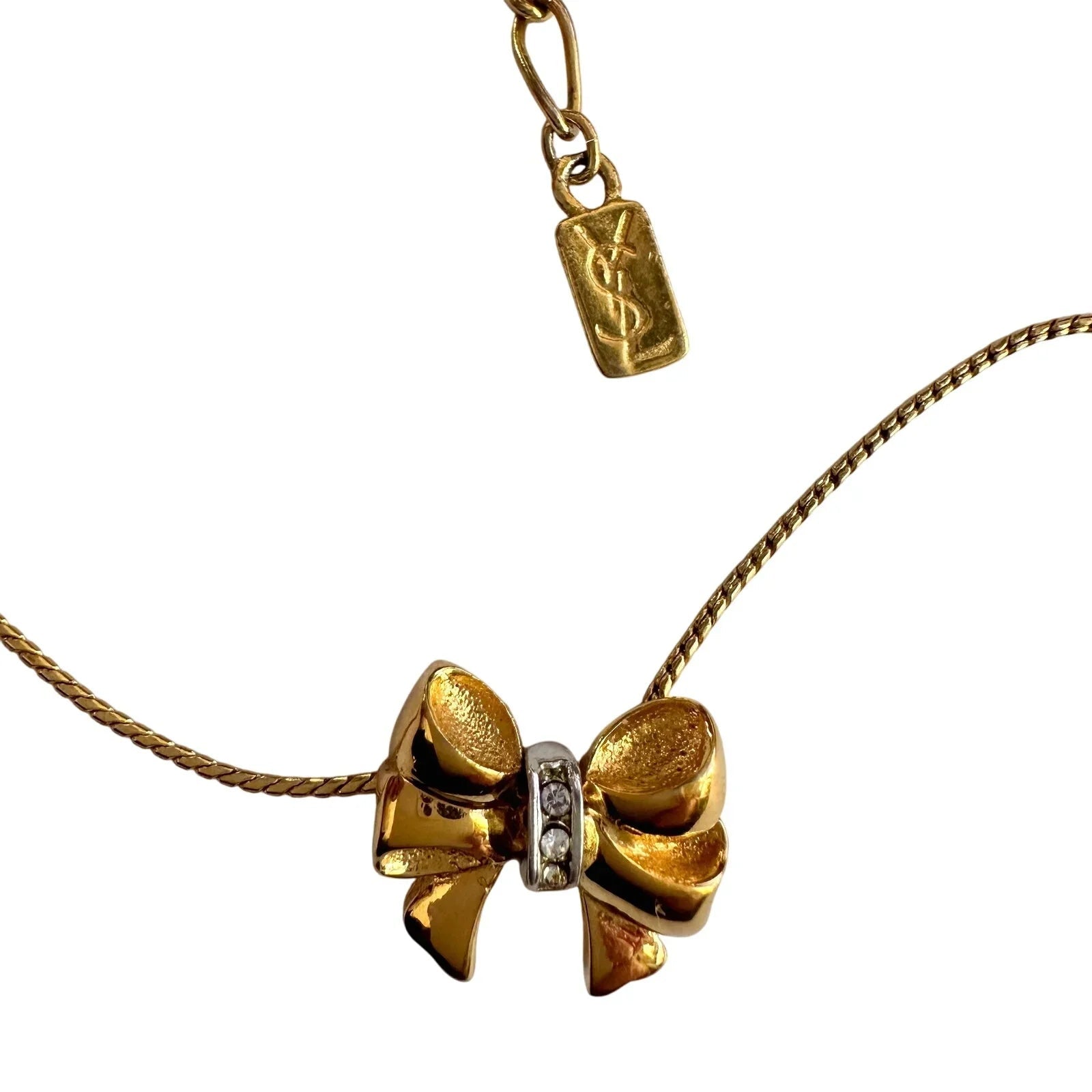Yves Saint Laurent Gold and Rhinestone Bow Necklace - Yves Saint Laurent - Necklace with Pendant - A+ Stuff