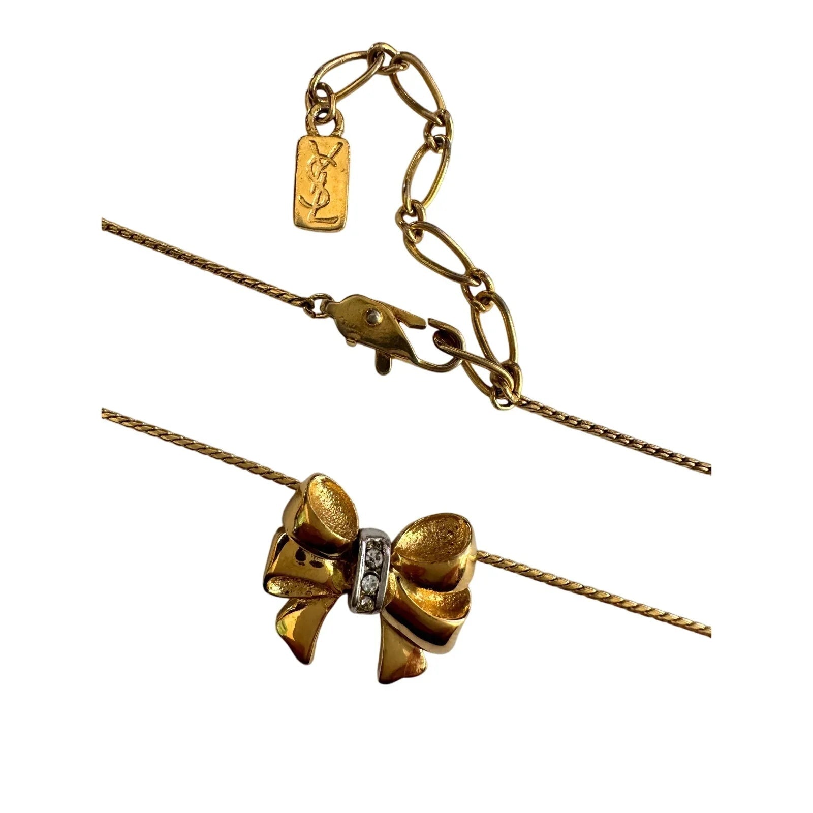 Yves Saint Laurent Gold and Rhinestone Bow Necklace - Yves Saint Laurent - Necklace with Pendant - A+ Stuff