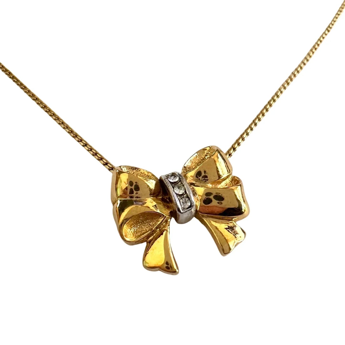 Yves Saint Laurent Gold and Rhinestone Bow Necklace - Yves Saint Laurent - Necklace with Pendant - A+ Stuff
