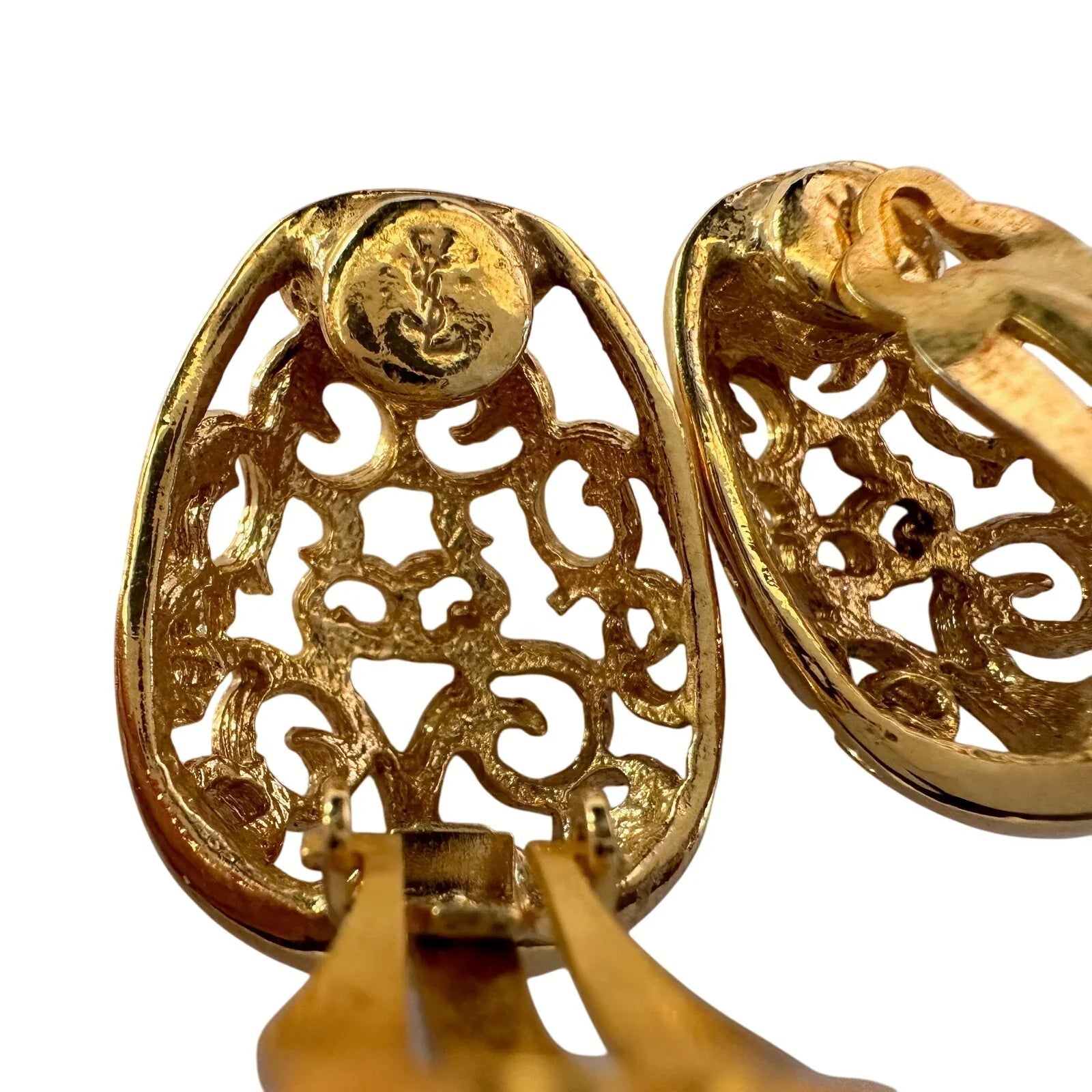 Yves Saint Laurent Logo Arabesque Pattern Gold Plate Engraved Earrings - Clip On - Yves Saint Laurent - Earrings - A+ Stuff