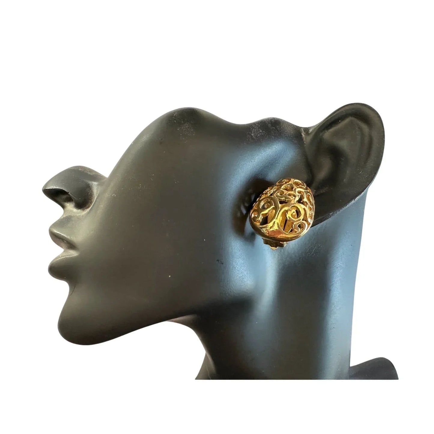 Yves Saint Laurent Logo Arabesque Pattern Gold Plate Engraved Earrings - Clip On - Yves Saint Laurent - Earrings - A+ Stuff