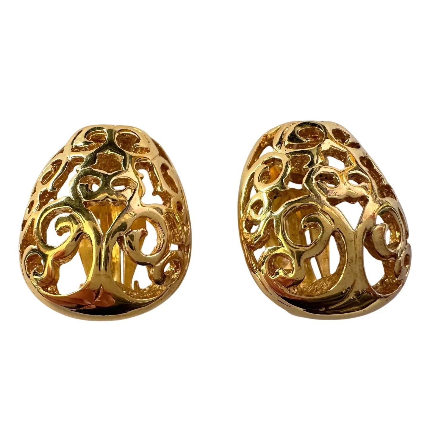 Yves Saint Laurent Logo Arabesque Pattern Gold Plate Engraved Earrings - Clip On - Yves Saint Laurent - Earrings - A+ Stuff