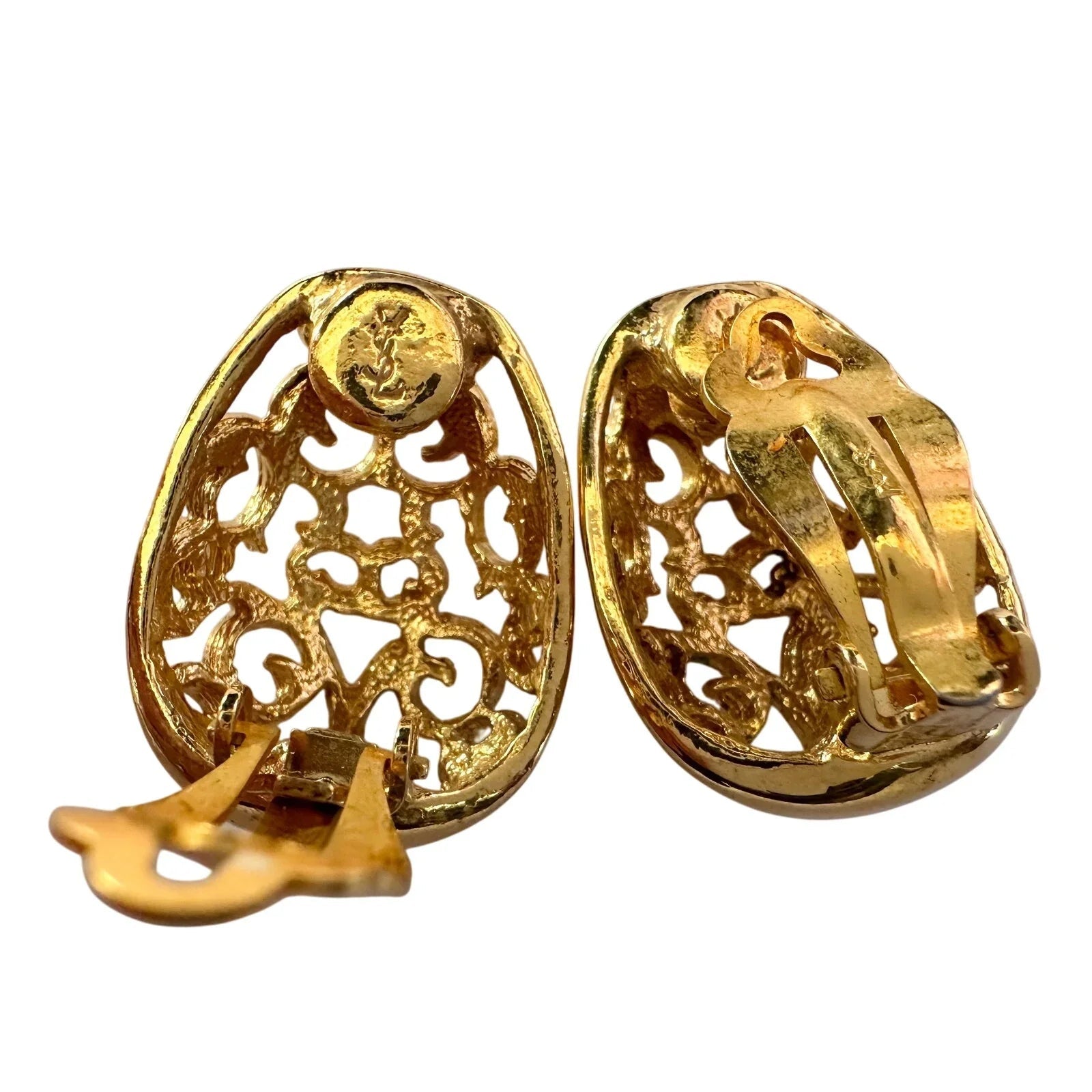 Yves Saint Laurent Logo Arabesque Pattern Gold Plate Engraved Earrings - Clip On - Yves Saint Laurent - Earrings - A+ Stuff