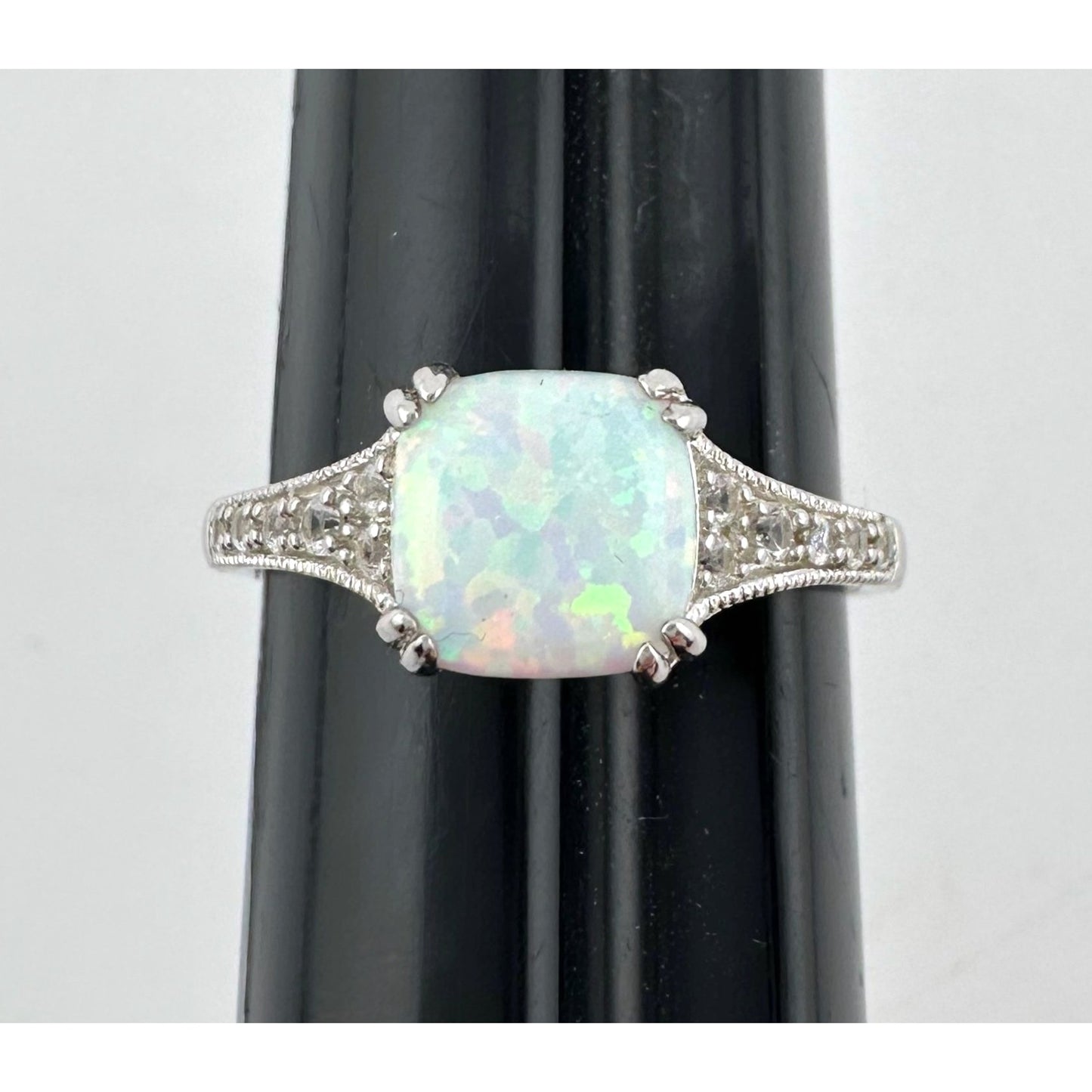 Beautiful 1.30 Carat Cushion Cut Lab Created White Opal Ring Size 7