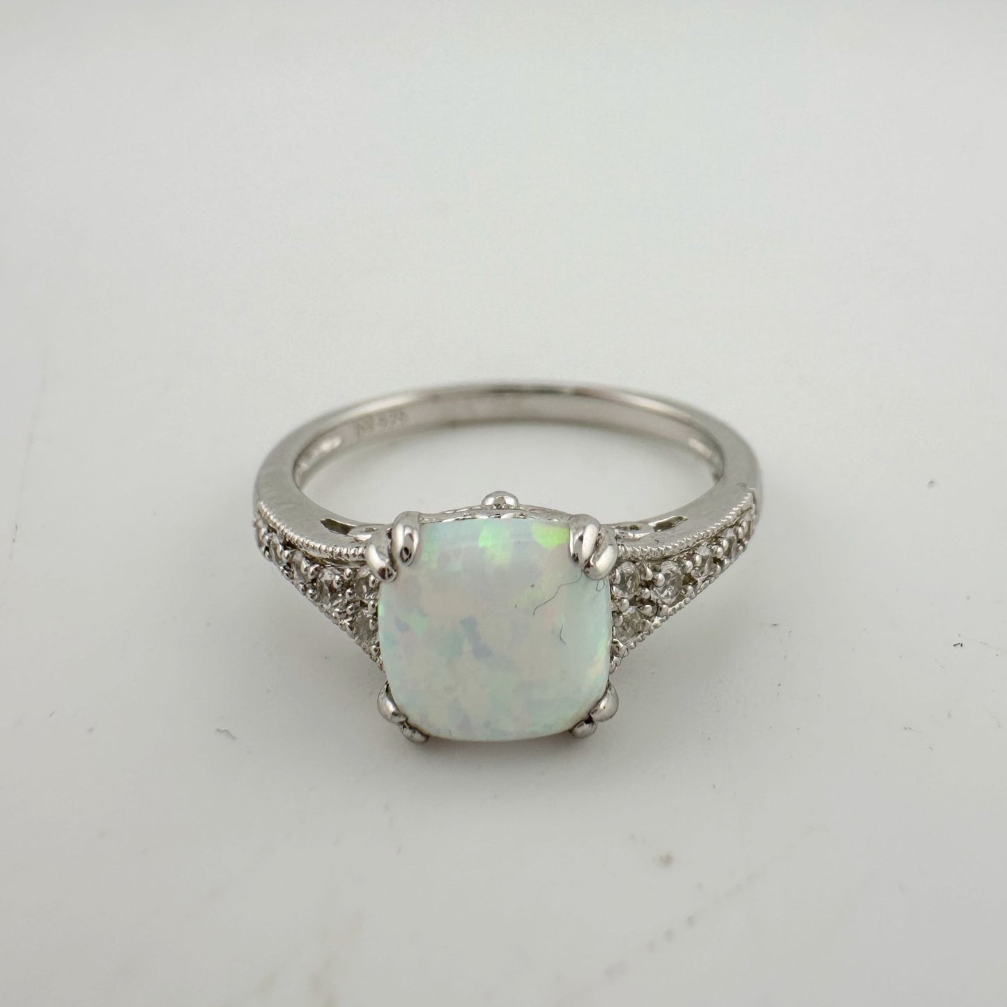 Beautiful 1.30 Carat Cushion Cut Lab Created White Opal Ring Size 7