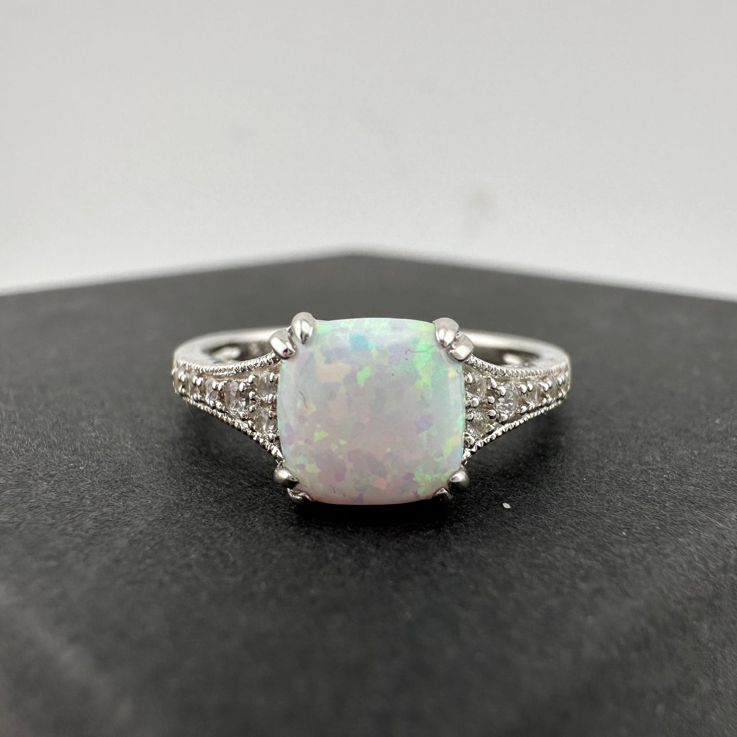 Beautiful 1.30 Carat Cushion Cut Lab Created White Opal Ring Size 7