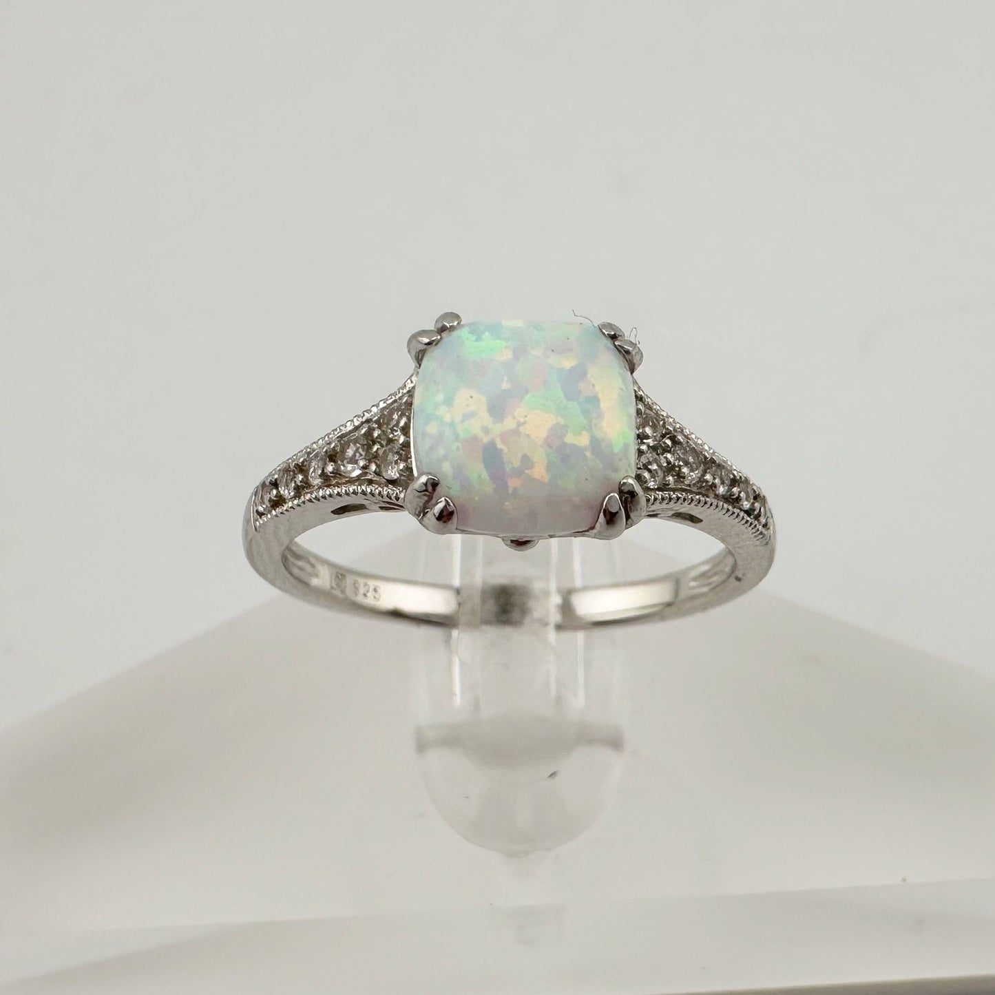 Beautiful 1.30 Carat Cushion Cut Lab Created White Opal Ring Size 7