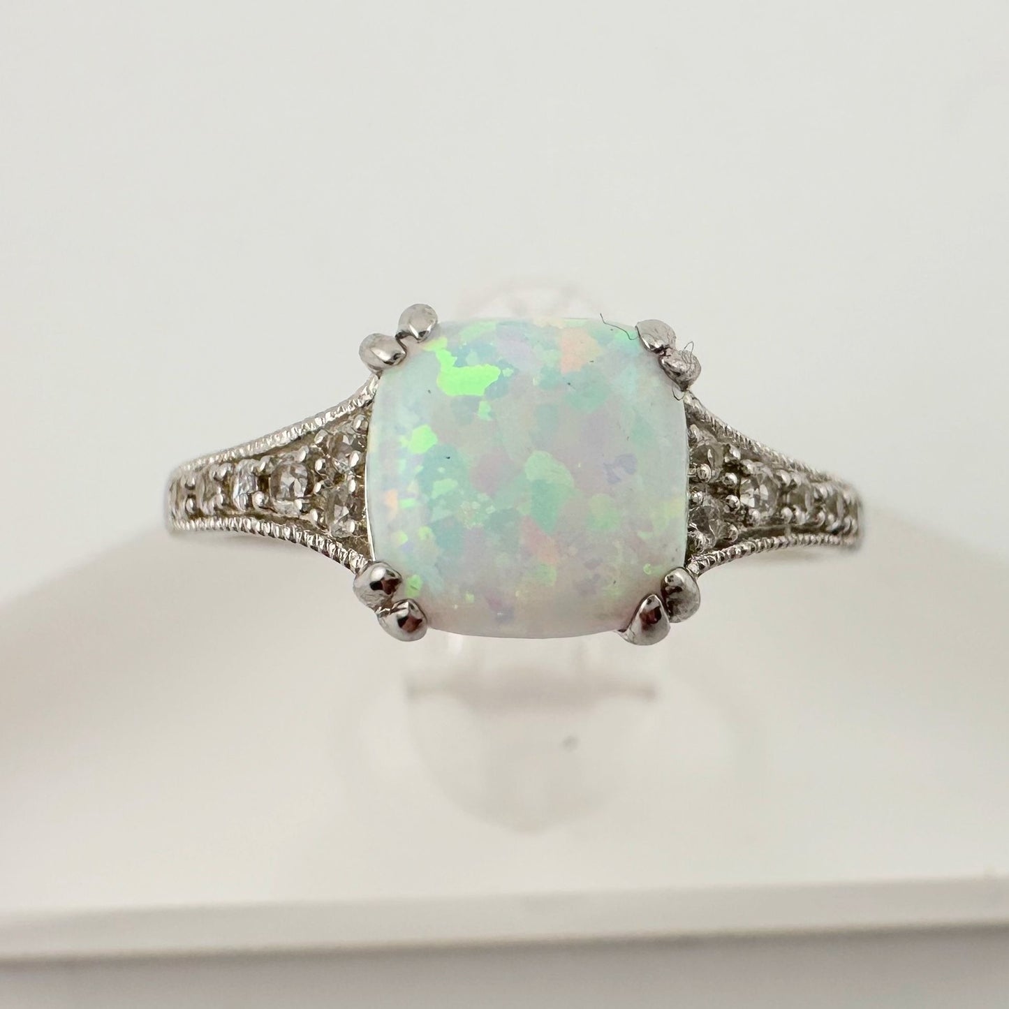 Beautiful 1.30 Carat Cushion Cut Lab Created White Opal Ring Size 7