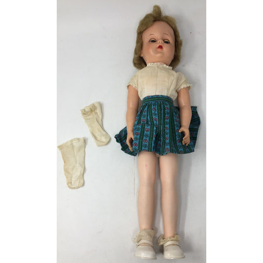 Vintage 17.5'' Blonde Haired Doll Wearing White Shirt, Colorful Skirt, White Shoes with Socks