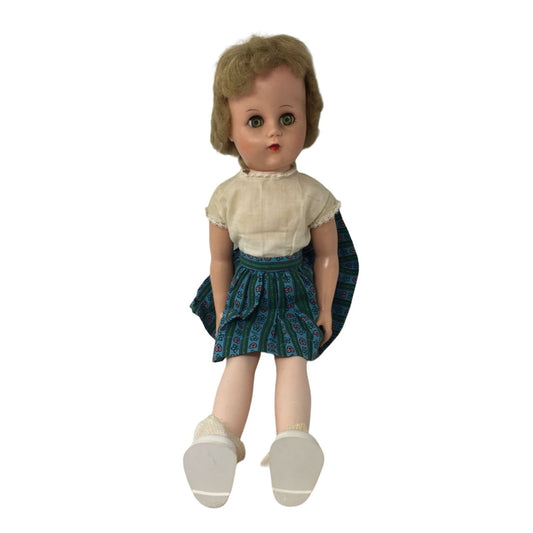 Vintage 17.5'' Blonde Haired Doll Wearing White Shirt, Colorful Skirt, White Shoes with Socks