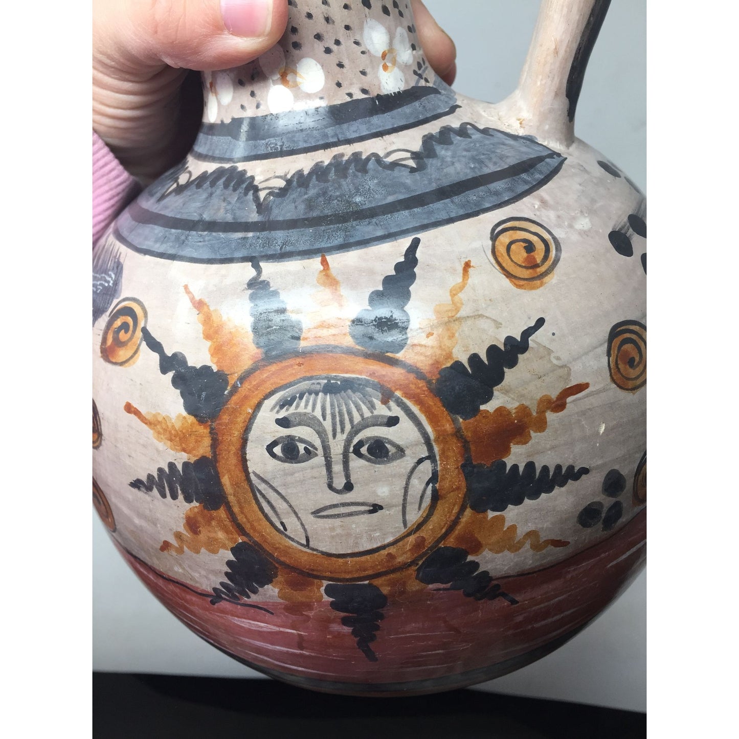 Large Hand Painted Vintage Mexican Folk Art Pottery Pitcher/Vase with Handle