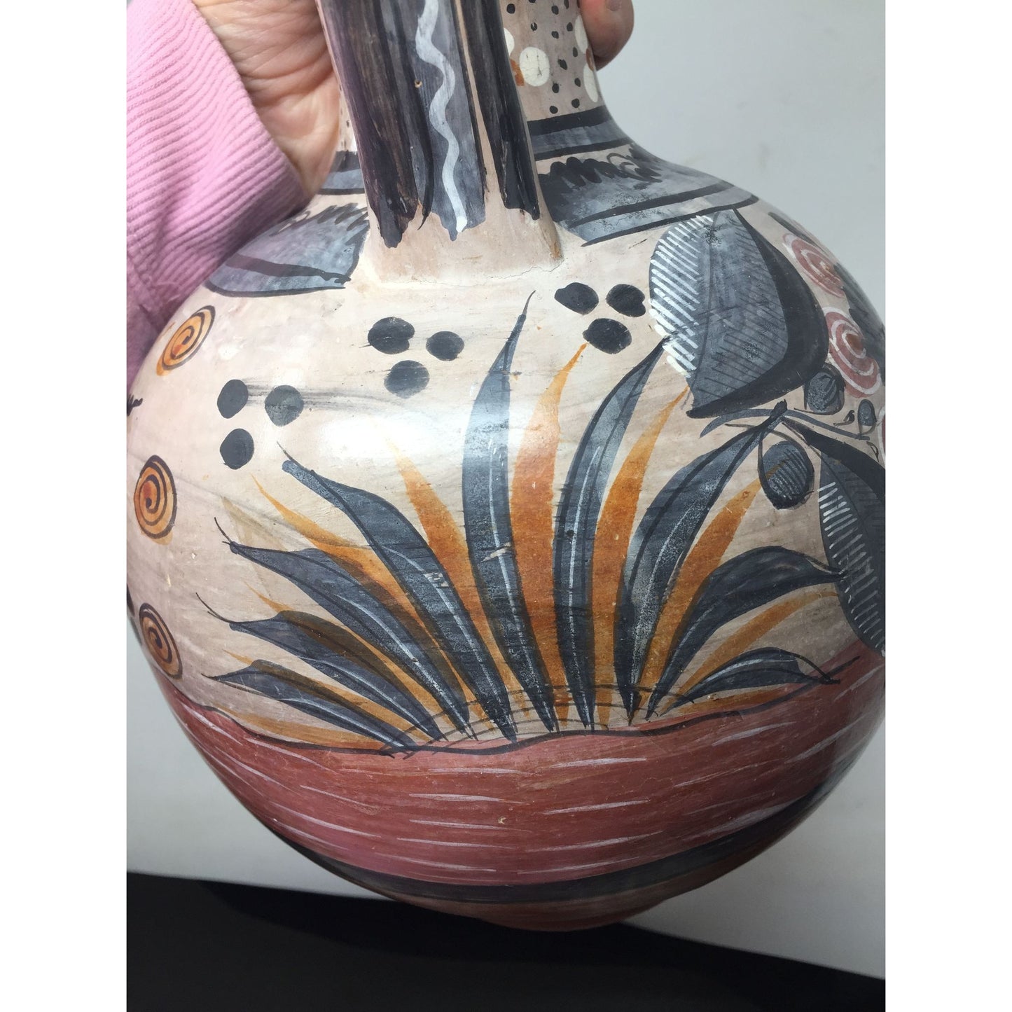 Large Hand Painted Vintage Mexican Folk Art Pottery Pitcher/Vase with Handle