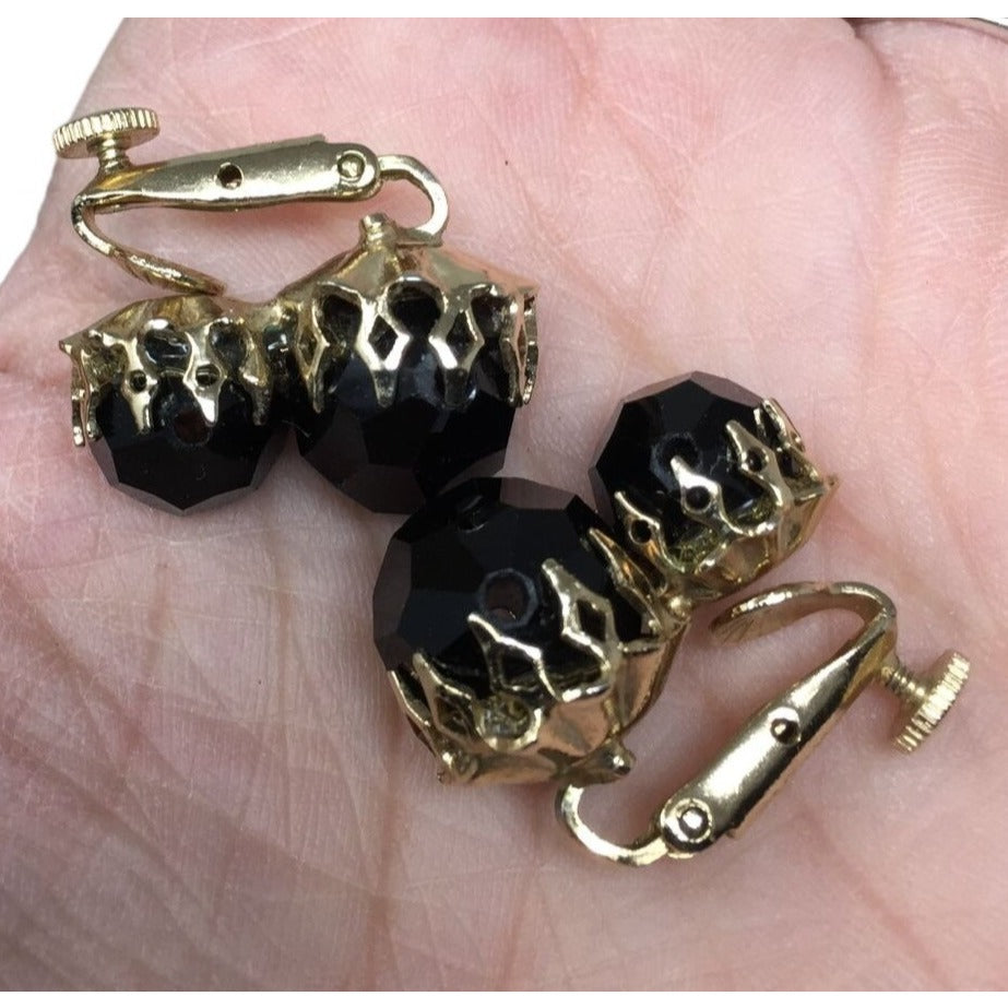 Costume Jewelry Earrings (Turn Screw to Tighten, No Piercings Needed) Clip On Vintage Jewelry Clunky Black Stone SHapes