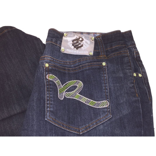 Vintage RocaWear Denim Jeans - Embroidered Pockets (Green / White threads)