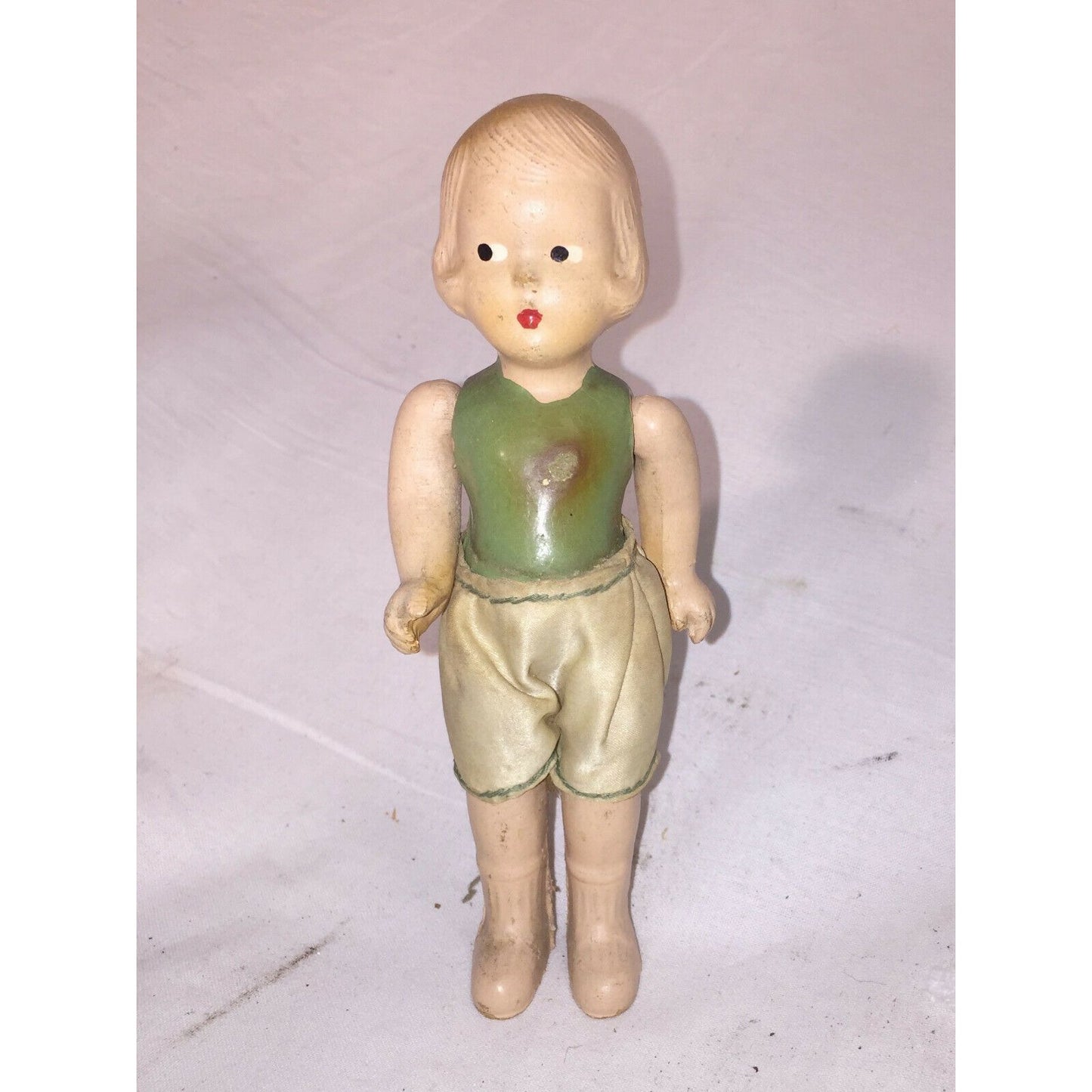 6" Antique BISQUE Doll w Pursed Lips Green Body Satin Shorts Cute